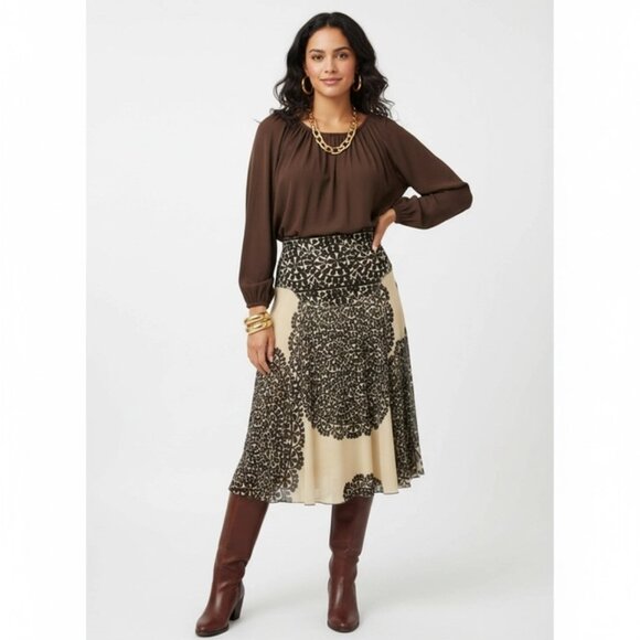 Diane Von Furstenberg Chocolate Brown Tan Floral Print Velvet A Line Skirt 4 - Picture 7 of 7
